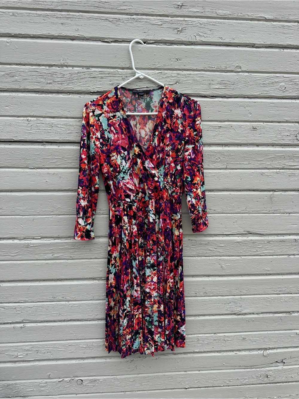 Maggy London Red and Purple Floral Wrap Midi Dress